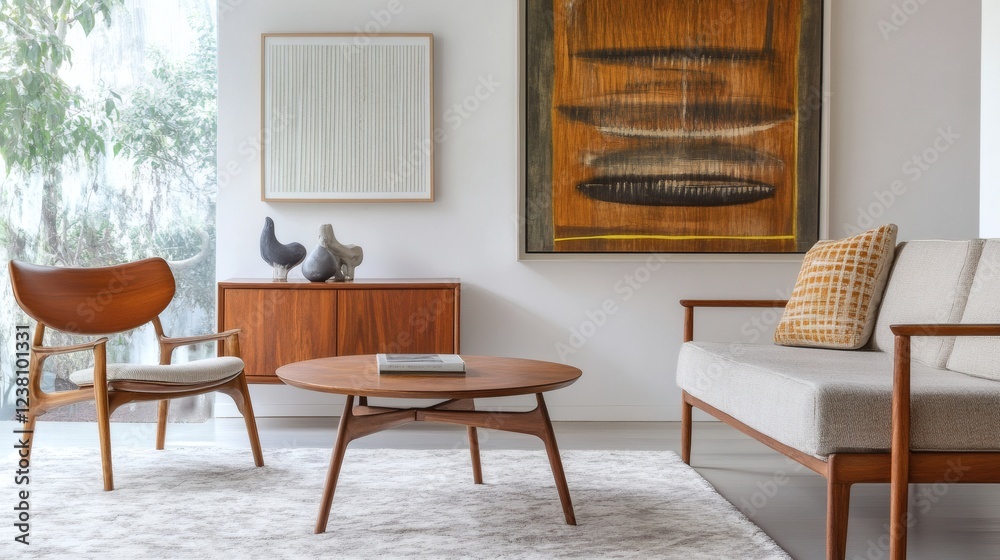 Mid-Century Modern Living Room Interior Design with Wooden Furniture and Abstract Art