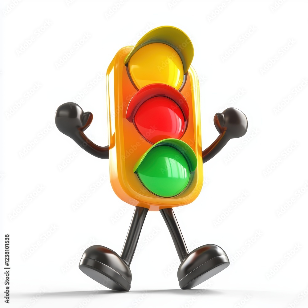 Fototapeta premium Smiling traffic light character with arms and legs, switching colors playfully, placed on a bright white background