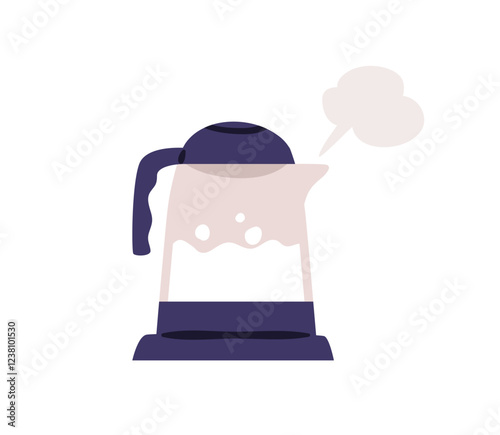 Electric glass kettle with boiling bubbling water and hot steam, vapor. Kitchen household appliance for heating. Transparent teakettle, tea pot. Flat vector illustration isolated on white background