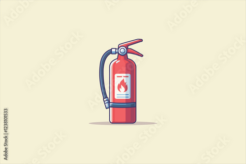 Graphic flat design drawing red fire extinguisher protection with nozzle. Portable fire extinguishing equipment from fire department. Professional tool or instrument. Vector illustration.