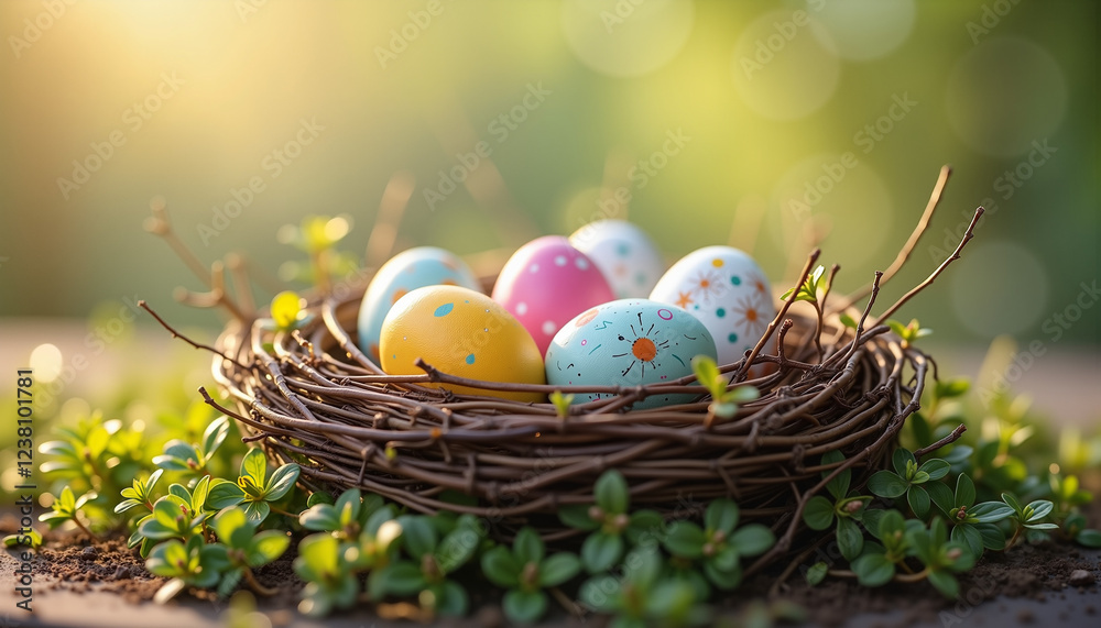 Colorful Easter eggs in twigs nest, cheerful spring celebration Colorful Easter eggs in twigs nest, cheerful spring celebration