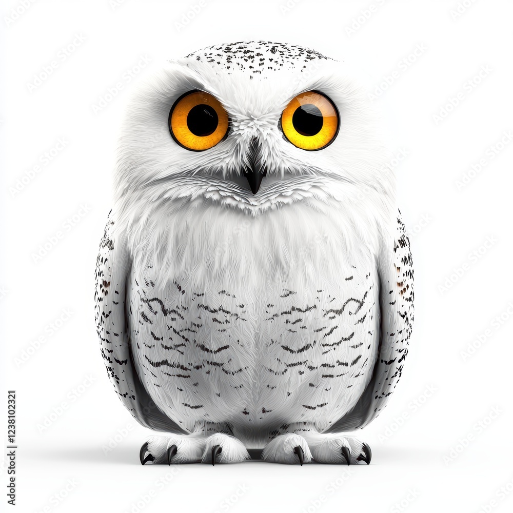 Fototapeta premium Snowy owl with bright yellow eyes staring forward, isolated on a clean white background