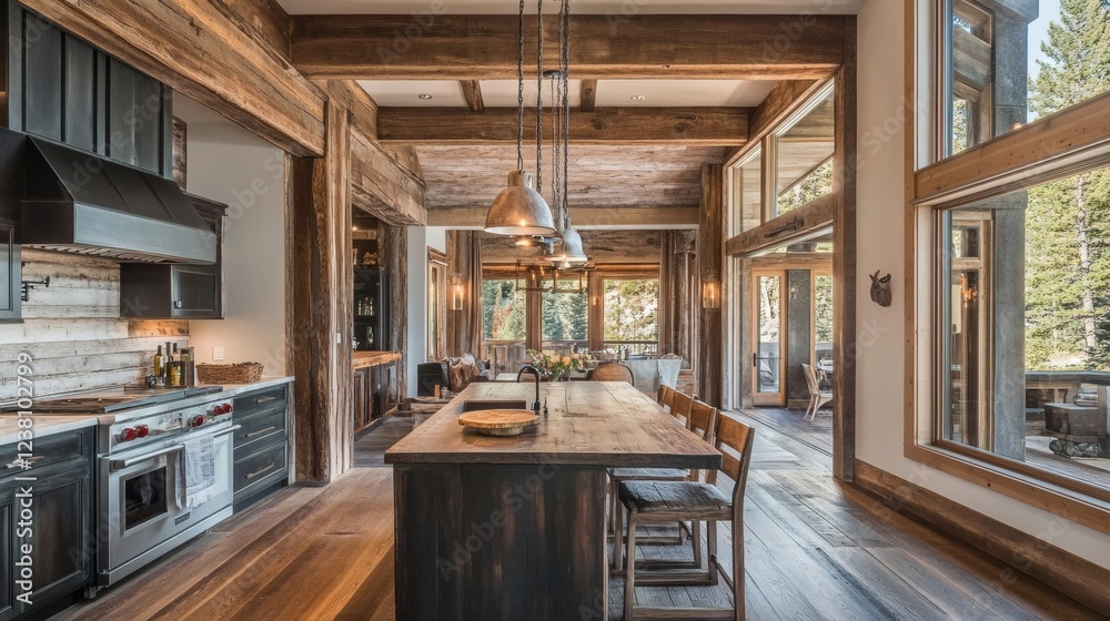Rustic Luxury Kitchen with Exposed Beams and Mountain Views