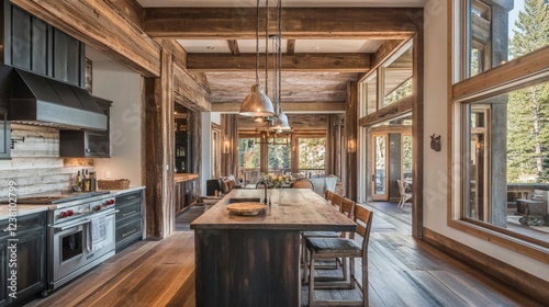 Rustic Luxury Kitchen with Exposed Beams and Mountain Views