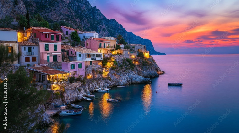 Fototapeta premium Sunset sea landscape with colorful reflections and a calm Mediterranean coastline.