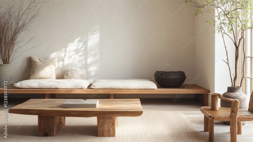 Tranquil Minimalist Living Room with Wooden Furniture and Natural Light