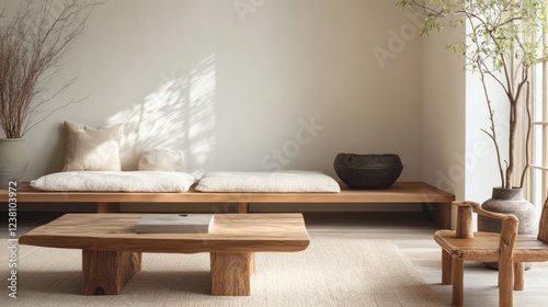 Obraz na płótnie Tranquil Minimalist Living Room with Wooden Furniture and Natural Light w salonie