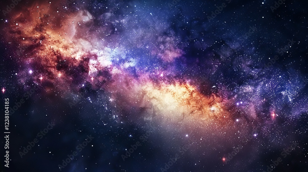 Fototapeta premium Spectacular star-filled night sky showcasing a vibrant nebula and swirling galaxy in a vast cosmic panorama