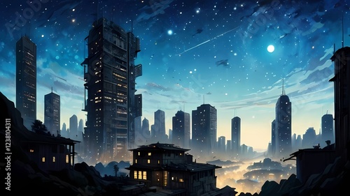 ゲーム背景　夕暮れのシルエットと摩天楼ビルの貧困と富豪の象徴的対象風景