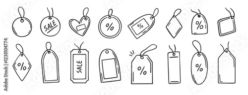 Price tag for sale or gift label doodle hand drawn icon set. Outline drawing price sale tag ribbon, discount label line clipart symbol collection.