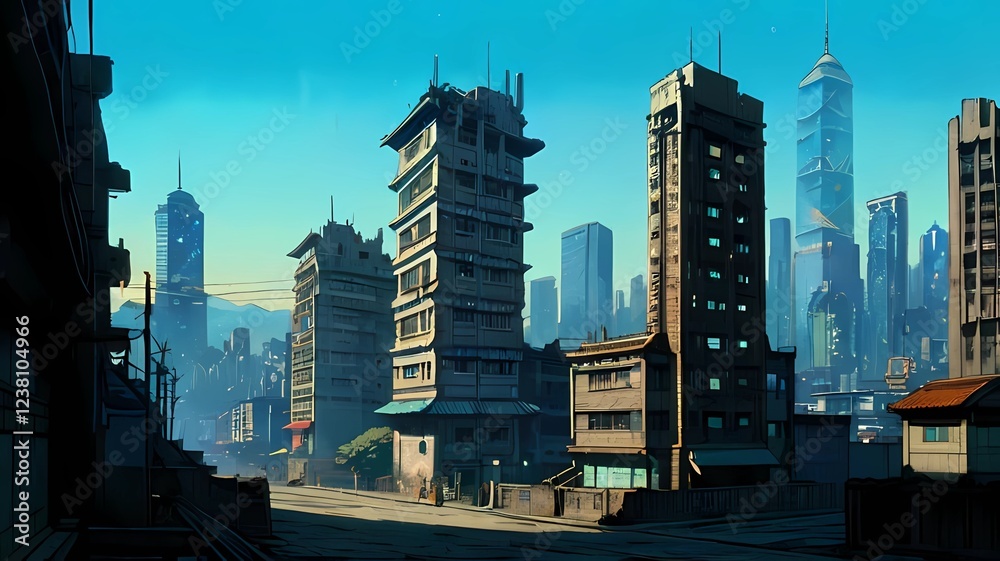 Naklejka premium ゲーム背景 遠目から見たオリエンタルなビルが並ぶファンタジー街の大通り風景