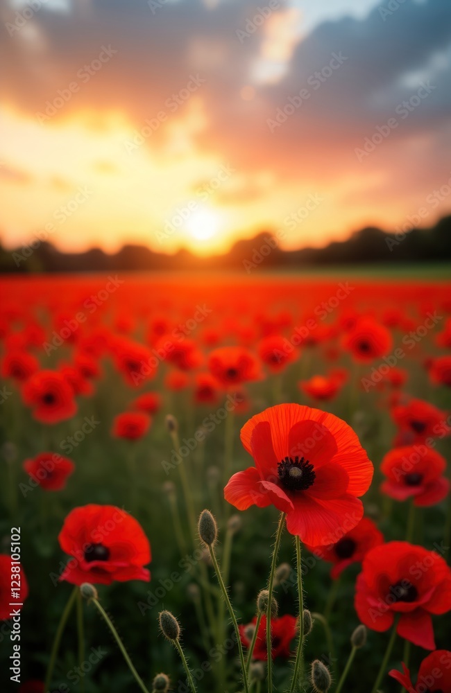 Fototapeta premium Vibrant red poppy field at summer sunset in Europe. Beautiful landscape. Blooming flowers in rural area. Sunlight on flowers. Natural beauty. Bright colors. Poppy flowers blossom in field during