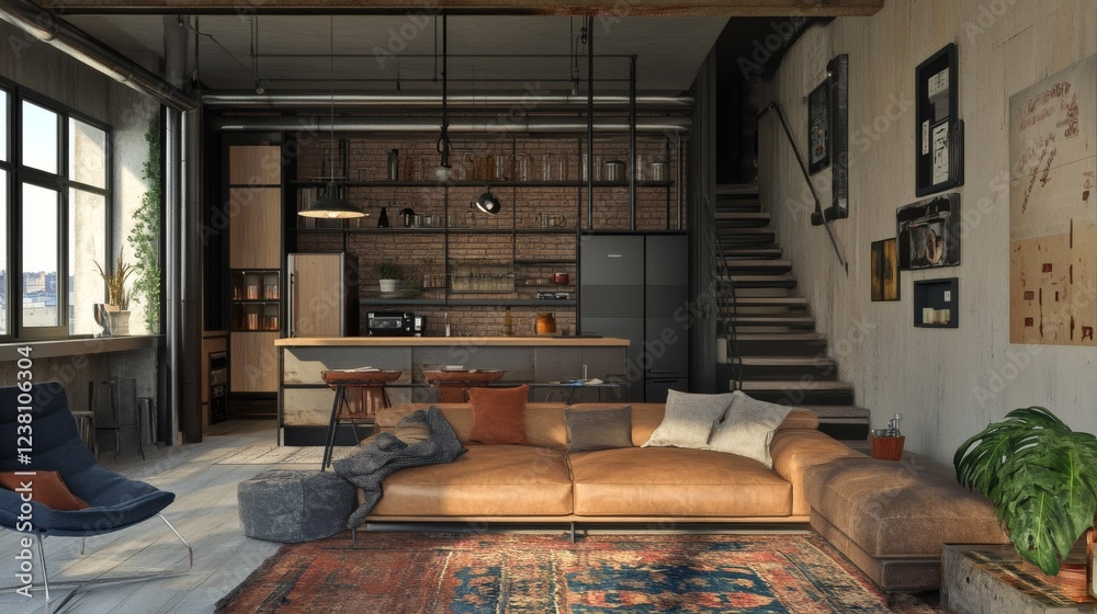 Industrial Chic Loft Apartment Interior Design with Leather Sofa and Open Kitchen