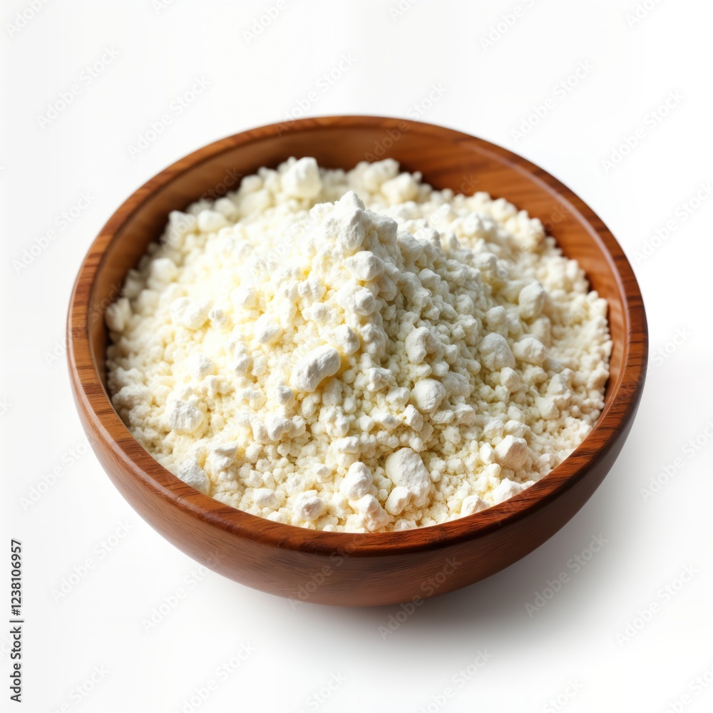 Wooden bowl filled with white flour. Natural ingredient for baking. Food preparation, cooking concept. Healthy meal component. White background isolated. Overhead view. Close-up shot. High-quality Wooden bowl filled with white flour. Natural ingredient for baking. Food preparation, cooking concept. Healthy meal component. White background isolated. Overhead view. Close-up shot. High-quality