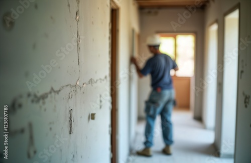 Construction worker inside building. Unfinished interior wall. Renovation process in progress. Apartment house under construction. Focus on material work. Building project. Modern architecture style.