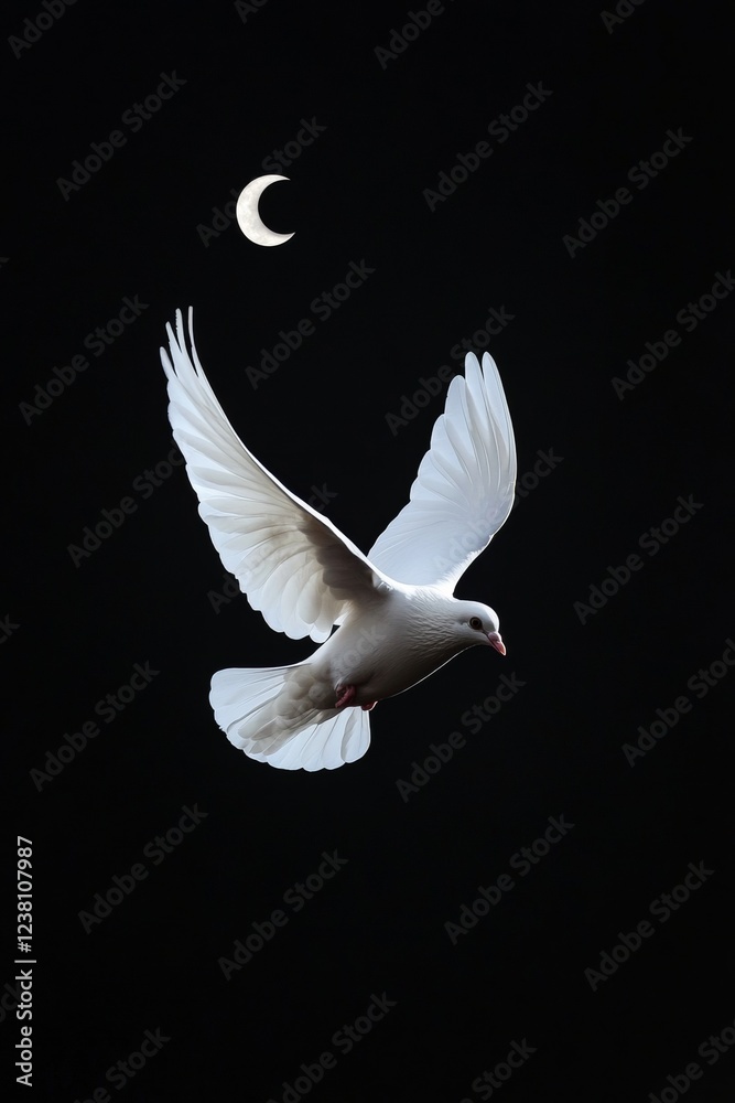 Obraz premium Celestial Ramadan Elegance Dove with Crescent Wings in Moonlight - Eco-Friendly Event Decor and Social Media Campaigns for Cultural Celebrations and Eid Gatherings