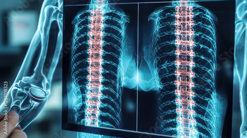 Artificial intelligence in medical detection. X ray image of human spine displayed on holographic screen, showcasing detailed vertebrae structure and surrounding anatomy