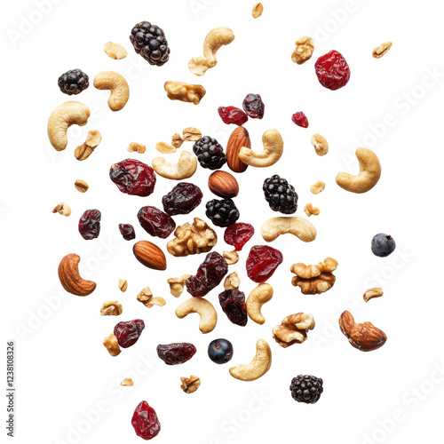 Assorted nuts and dried berries mix, including cashews, almonds, walnuts, cranberries, blackberries, and blueberries, scattered on a transparent background Concept of healthy snack, trail mix, and nat