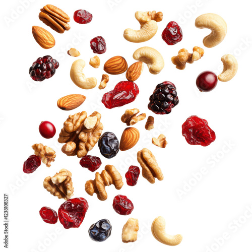 Wallpaper Mural Assorted nuts and dried fruits mix, including almonds, cashews, walnuts, cranberries, blueberries, and blackberries, scattered on a transparent background Concept of healthy snack, nutrition, and food Torontodigital.ca