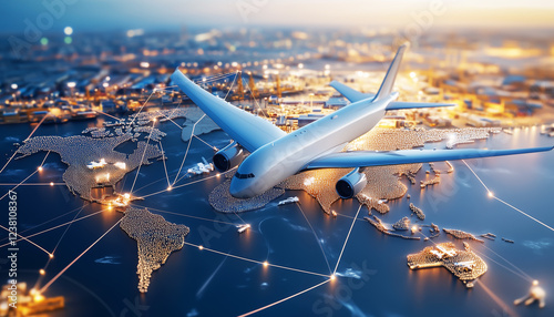 Air cargo logistics paths on an atlas. Generative AI.	  Generative AI.