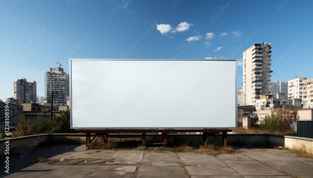 A large white billboard sits on a rooftop in a city A large white billboard sits on a rooftop in a city