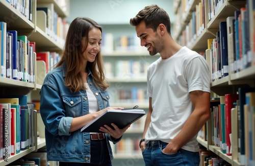 College student guy, female teacher engage in discussion in library. Seem happy, helpful. Positive learning atmosphere in academic setting. Students get guidance from teacher. Support system for
