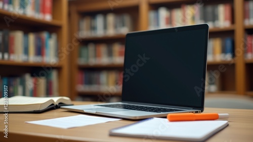 Mockup with Open Laptop, Library open laptop on desk bookshelves notes highlighter photorealistic.