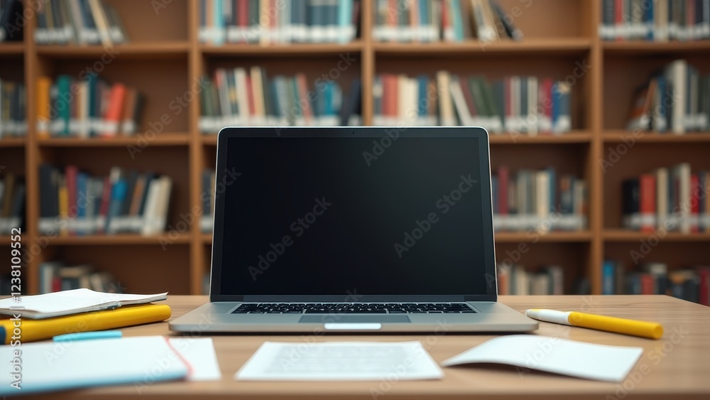 Mockup with Open Laptop, Library open laptop on desk bookshelves notes highlighter photorealistic. Mockup with Open Laptop, Library open laptop on desk bookshelves notes highlighter photorealistic.