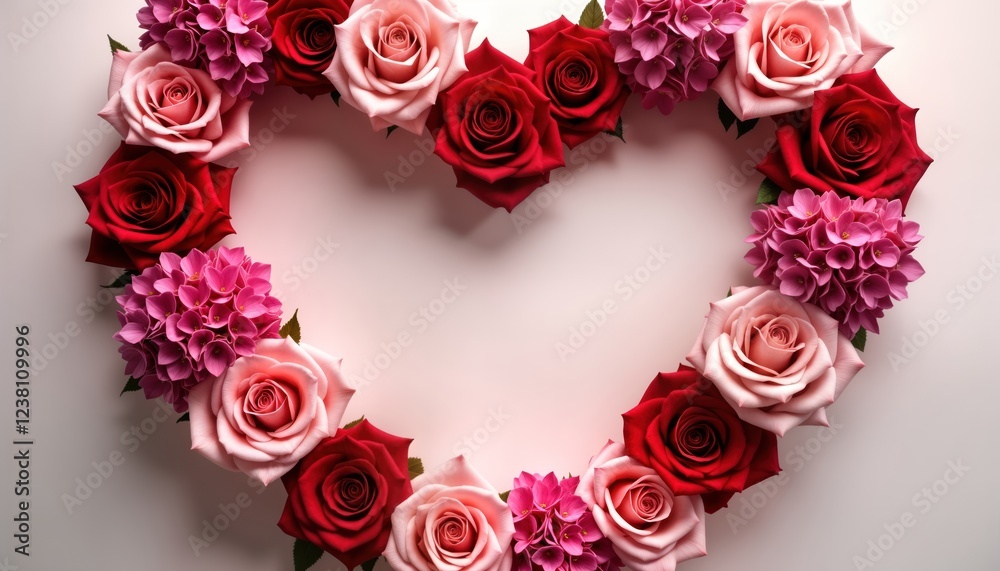 Heart-shaped floral design with roses, hydrangeas. Arrangement of pink, red roses in heart shape on pastel background. Romantic, beautiful floral display ideal for Valentine Day greetings wedding Heart-shaped floral design with roses, hydrangeas. Arrangement of pink, red roses in heart shape on pastel background. Romantic, beautiful floral display ideal for Valentine Day greetings wedding