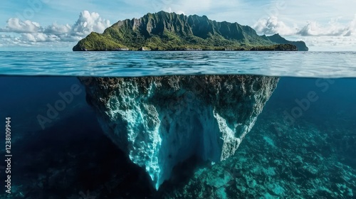 A striking underwater view of an island with a submerged rock formation.