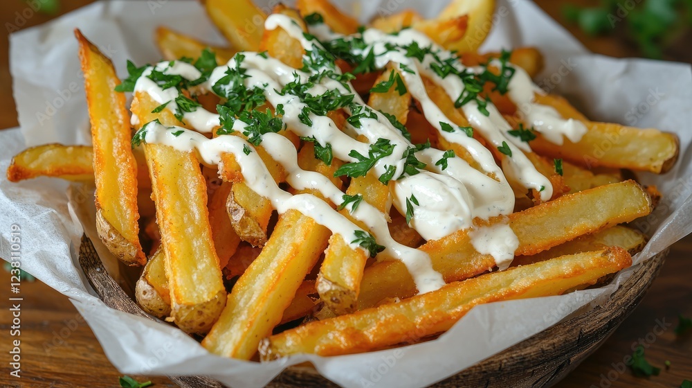Crispy French Fries Topped with Sour Cream and Fresh Herbs Crispy French Fries Topped with Sour Cream and Fresh Herbs