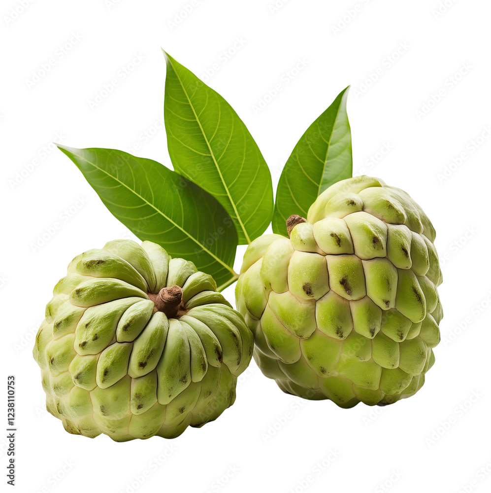 Fototapeta premium Custard Apple Delight: Two ripe custard apples, their green skin studded with bumps, lie nestled amidst lush leaves, inviting a taste of tropical sweetness and a touch of nature's elegance. 