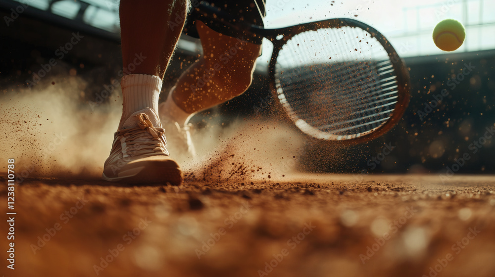 Tennis player's foot kicking up dust on court. Tennis player's foot kicking up dust on court.