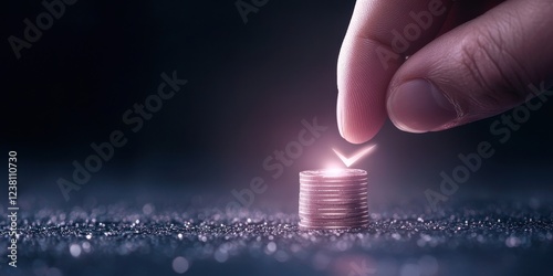 Hand Placing Coin on Stack with Glowing Light Effect
