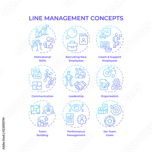 Line management blue gradient concept icons. Corporate career. Goods production and delivery employees supervision. Icon pack. Vector images. Round shape illustrations for presentation. Abstract idea
