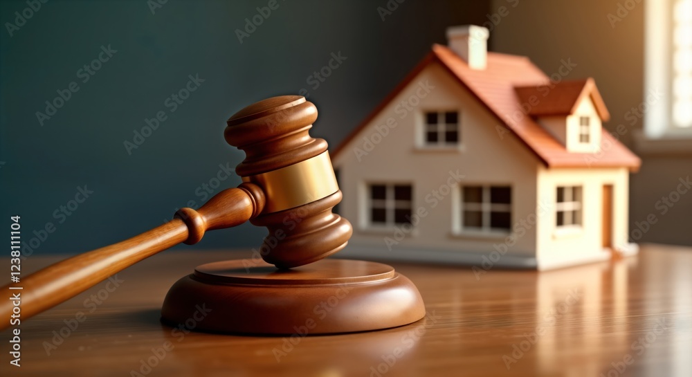 Wooden gavel rests on stand. Miniature house model sits in background. Legal auction concept shown. Real estate sale bankruptcy case illustrated. Authority of law presented. Judge lawyer service Wooden gavel rests on stand. Miniature house model sits in background. Legal auction concept shown. Real estate sale bankruptcy case illustrated. Authority of law presented. Judge lawyer service