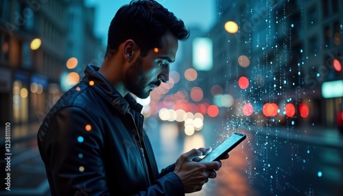 Man uses smart phone in city at night. Tech, digital marketing concept. Mobile phone displays data. Night city lights, tech overlay. Focus on digital internet connection. Urban scene. Person looks at