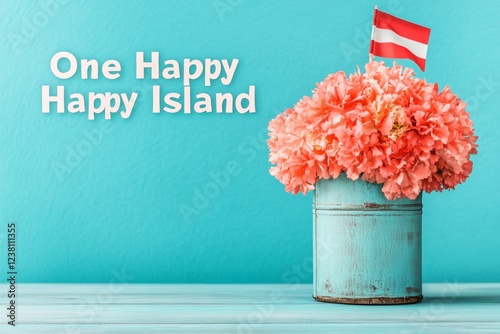 Vibrant Caribbean Celebration Bold Typography and Tropical Flowers on Turquoise - Arubas National Anthem and Flag Day, Summer Festive Design for Tourism and Cultural Marketing photo