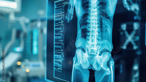 Artificial intelligence in medical detection. X ray image of human skeleton displayed in 3D, showcasing spine and pelvis. advanced imaging highlights detailed anatomy for analysis