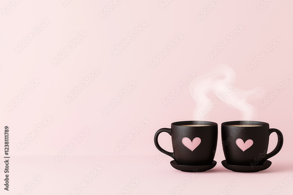 Black cups of coffee with pink hearts and steam rising on pastel background with space for text. Valentine's Day, love, friendship concept Black cups of coffee with pink hearts and steam rising on pastel background with space for text. Valentine's Day, love, friendship concept