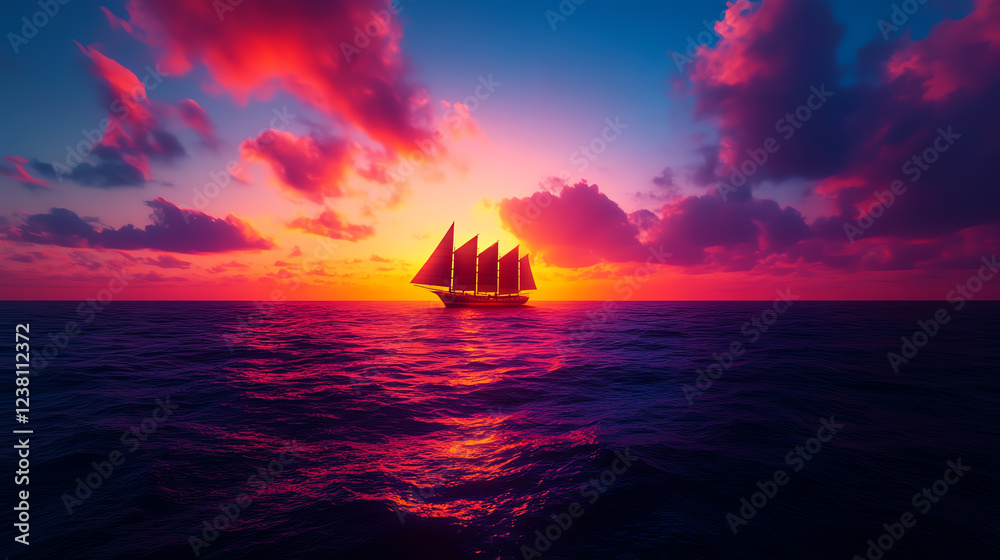 Fototapeta premium A ship with digital sails, symbolizing futuristic commerce, Realistic Photo Professional photography, Warm, soft directional lighting with diffused shadows,