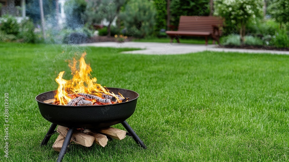 Steam and smoke rise from a black cauldron as it cooks food over an open flame in a lush garden during summer