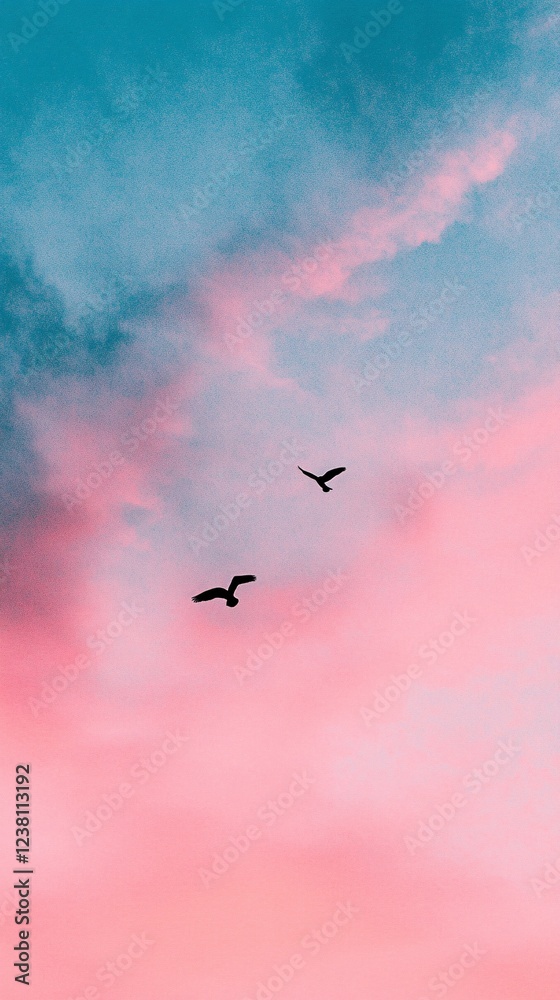 Fototapeta premium Silhouettes of Birds in Flight Against a Vibrant Pink and Purple Sunset Sky