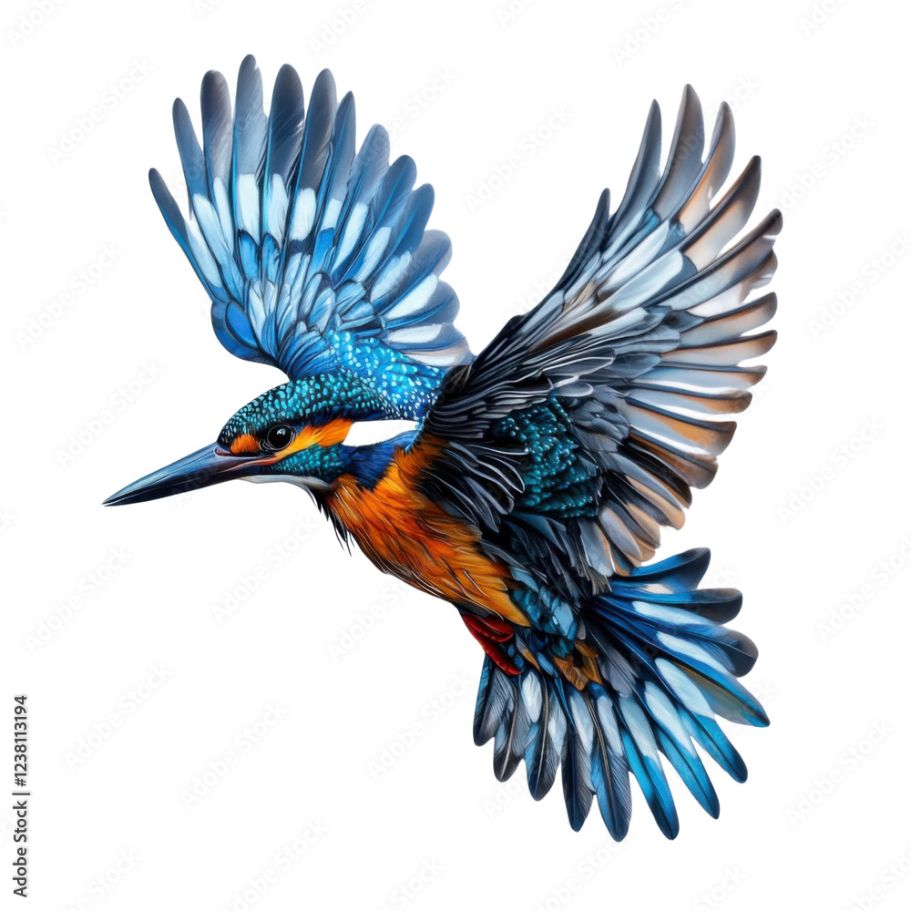Obraz premium Colorful kingfisher bird in flight with wings spread on a transparent background, detailed illustration of wildlife and nature concept