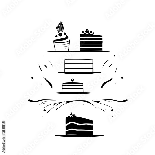 A delectable collection of cakes and cupcakes, artistically arranged in a minimalist black and white design. Perfect for bakeries, cafes, and dessert lovers.