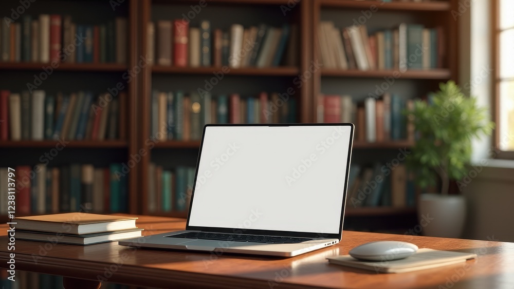 Open Laptop Mockup, Study setting library shelves laptop on mahogany desk. Open Laptop Mockup, Study setting library shelves laptop on mahogany desk.
