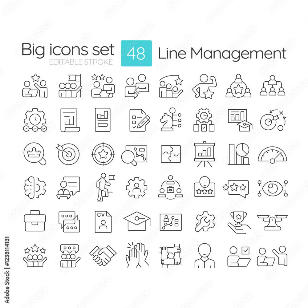Line management linear icons set. Employees of manufacture and delivery supervision. Business career. Customizable thin line symbols. Isolated vector outline illustrations. Editable stroke Line management linear icons set. Employees of manufacture and delivery supervision. Business career. Customizable thin line symbols. Isolated vector outline illustrations. Editable stroke