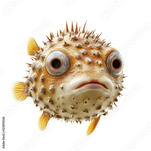 Closeup of a cute pufferfish with big eyes and spiky skin on a transparent background, a funny and unique sea creature with a surprised expression photo