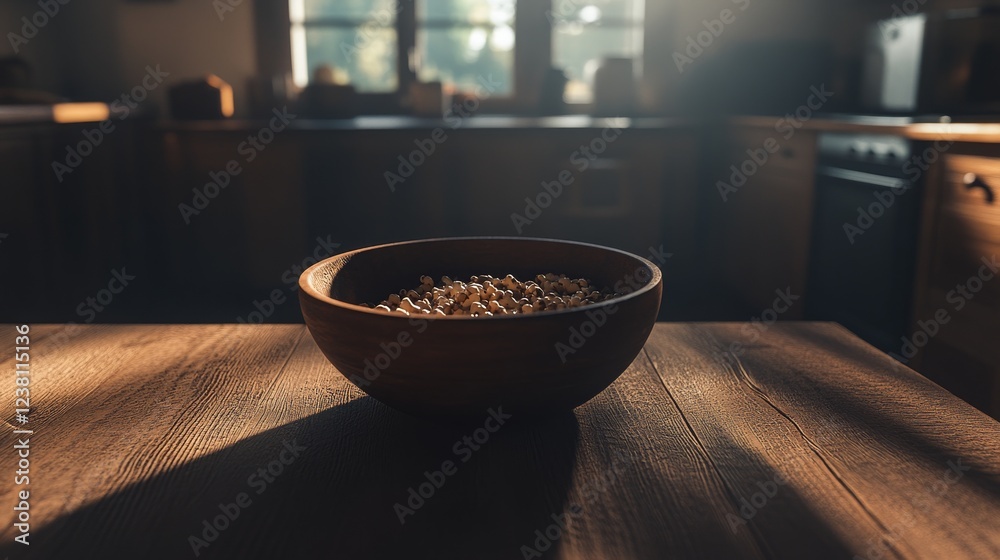 A Rustic Wooden Bowl Filled with Granola on a Kitchen Table Surrounded by Soft Morning Light, Capturing the Essence of a Cozy and Inviting Breakfast Setting A Rustic Wooden Bowl Filled with Granola on a Kitchen Table Surrounded by Soft Morning Light, Capturing the Essence of a Cozy and Inviting Breakfast Setting