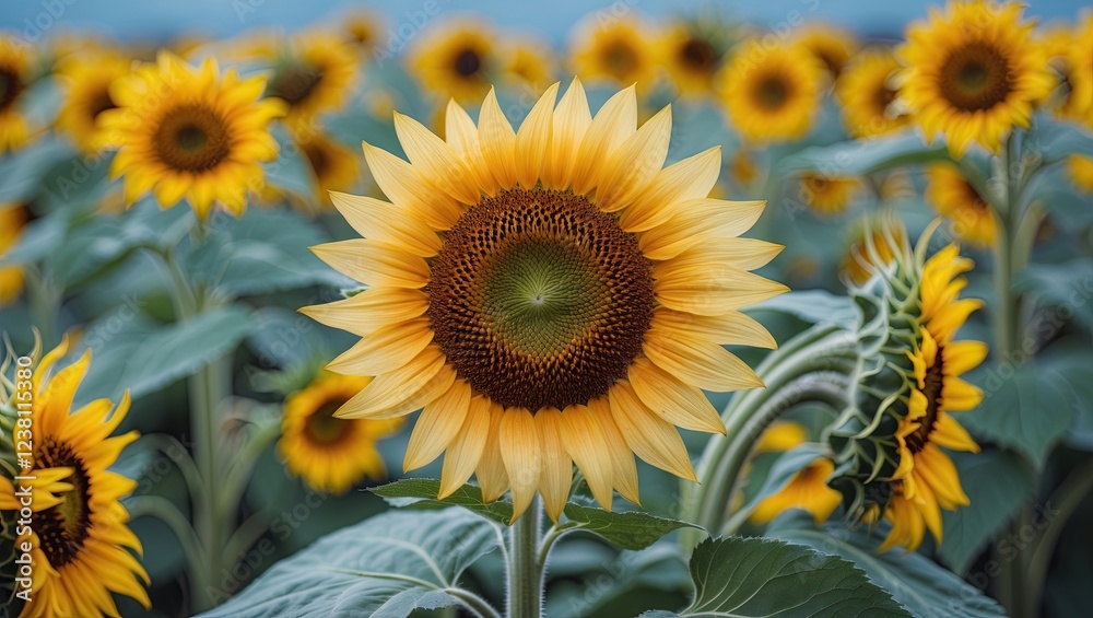 Fototapeta premium close-up of a sunflower in full bloom. The sunflower is in the center of the image, with its bright yellow petals radiating outwards in a star-like shape. The petals are covered in small brown spots